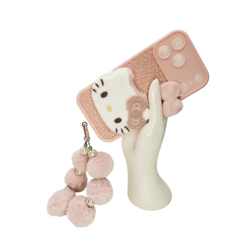 Hello Kitty Faux Fur Teddy PomPom Pastel Pink Kawaii Phone Case Wrislet 17 Pro